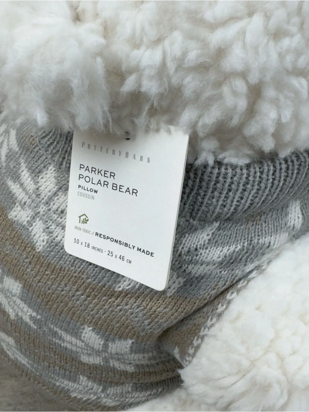 Pottery Barn Parker Polar Bear with Sweater Shaped Throw Pillow 10”x18” NWT